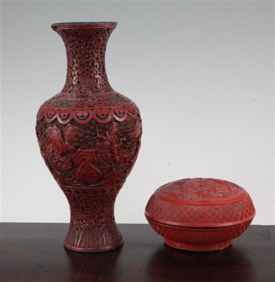 A Chinese cinnabar lacquer vase and a similar small box and cover, 19th century, 24.5cm. and 12.3cm.